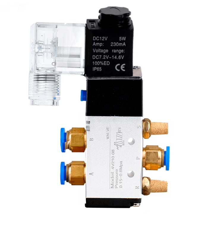 Válvula Neumática Solenoide 4V210 - 08 con Conectores Rápidos 6mm y Silenciadores - Tecneu