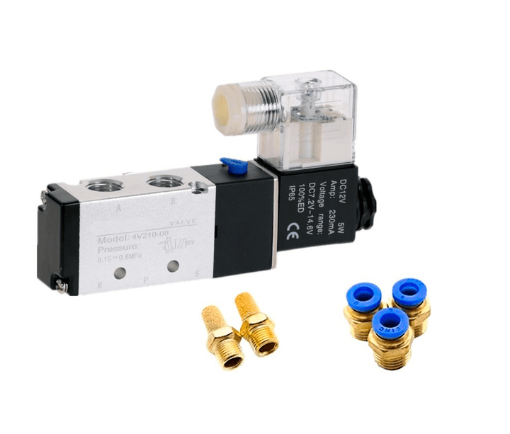 Válvula Neumática Solenoide 4V210 - 08 con Conectores Rápidos 6mm y Silenciadores - Tecneu