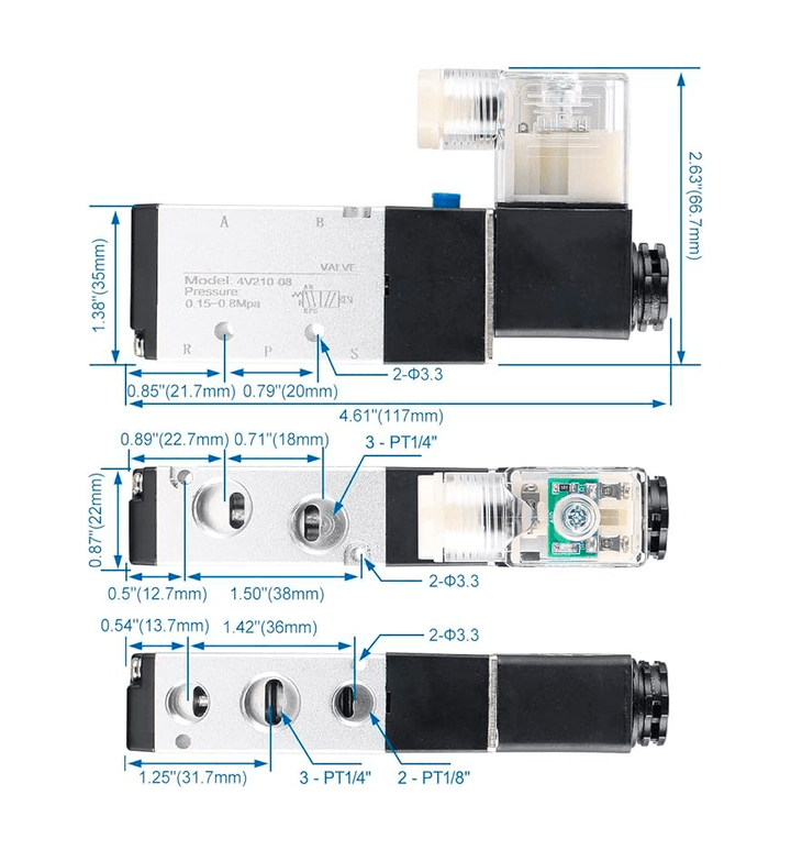 Válvula Neumática Solenoide 4V210 - 08 con Conectores Rápidos 6mm y Silenciadores - Tecneu