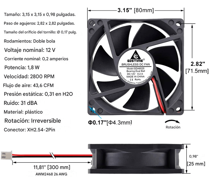 Ventilador Axial Balero Dual Dc 12V 80x80x25mm 2800RPM 0.2A GDA8025 - Tecneu