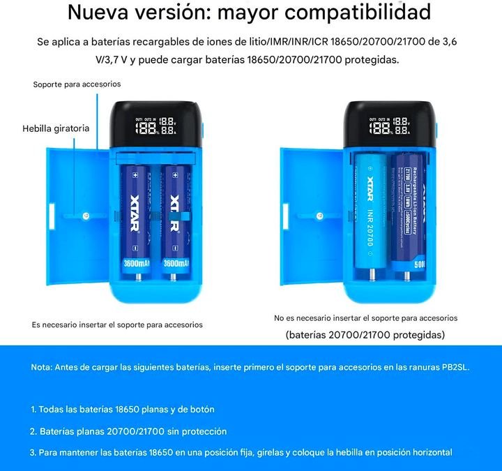 XTAR PB2SL Cargador de Baterías 18650 Con Power Bank Li - ion IMR INR ICR - Tecneu