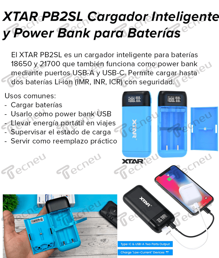 XTAR PB2SL Cargador de Baterías 18650 Con Power Bank Li - ion IMR INR ICR - Tecneu