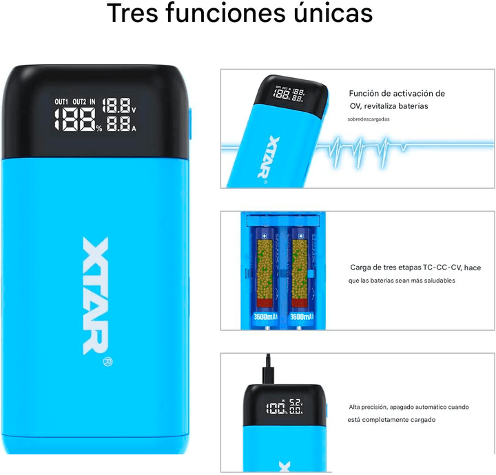 XTAR PB2SL Cargador de Baterías 18650 Con Power Bank Li - ion IMR INR ICR - Tecneu