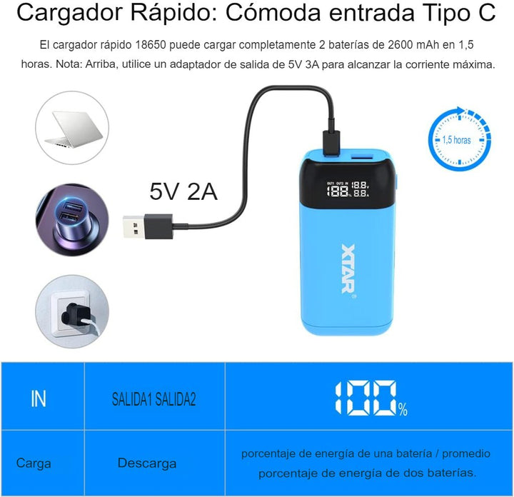 XTAR PB2SL Cargador de Baterías 18650 Con Power Bank Li - ion IMR INR ICR - Tecneu