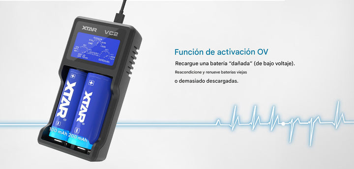 XTAR VC2 Cargador Inteligente de Baterías 18650 con Pantalla LCD - Tecneu