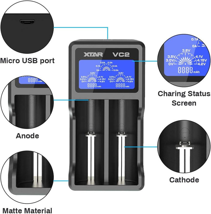 XTAR VC2 Cargador Inteligente de Baterías 18650 con Pantalla LCD - Tecneu