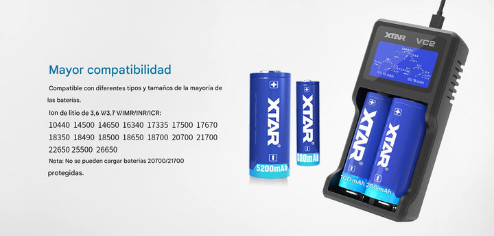 XTAR VC2 Cargador Inteligente de Baterías 18650 con Pantalla LCD - Tecneu