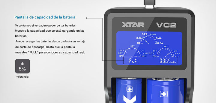 XTAR VC2 Cargador Inteligente de Baterías 18650 con Pantalla LCD - Tecneu