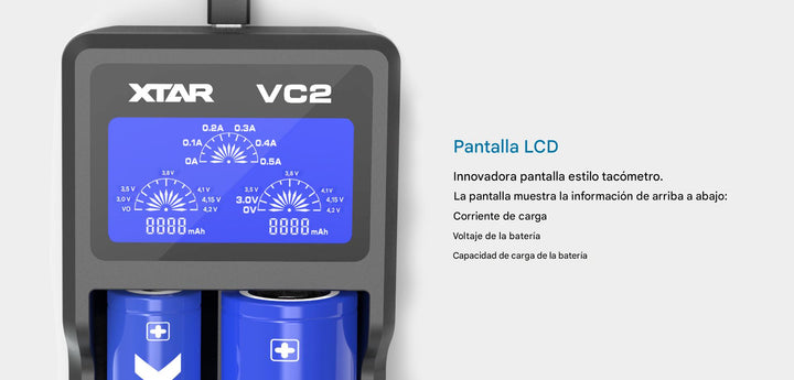XTAR VC2 Cargador Inteligente de Baterías 18650 con Pantalla LCD - Tecneu
