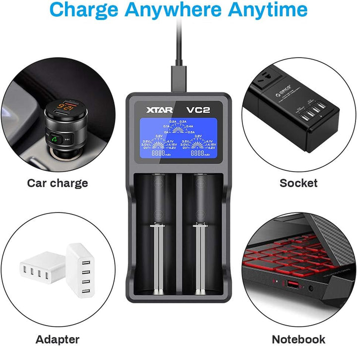 XTAR VC2 Cargador Inteligente de Baterías 18650 con Pantalla LCD - Tecneu