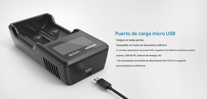 XTAR VC2 Cargador Inteligente de Baterías 18650 con Pantalla LCD - Tecneu