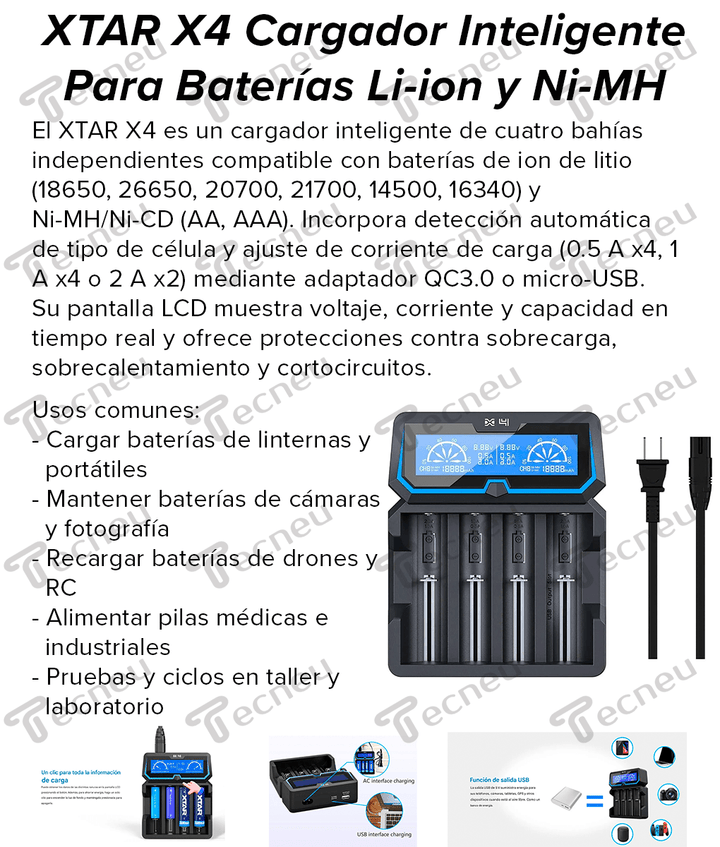 XTAR X4 Cargador Inteligente Para Baterías Li - ion y Ni - MH - Tecneu