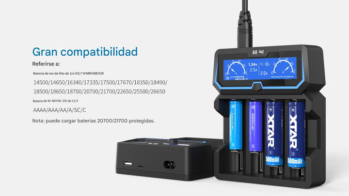 XTAR X4 Cargador Inteligente Para Baterías Li - ion y Ni - MH - Tecneu
