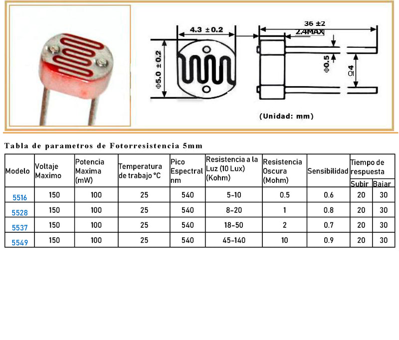 Fotorresistencia Ldr 5mm Sensor Luz 5516/5528/5537/5549